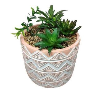 Modern Coastal Geometric Tribal Pattern Planter Pot w/ Faux Succulent Mix Peach